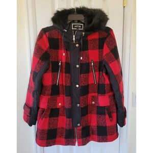 APT.9 Coat Size XL Red Black Plaid Winter Heavy Hooded Faux Fur Trim Mid Length